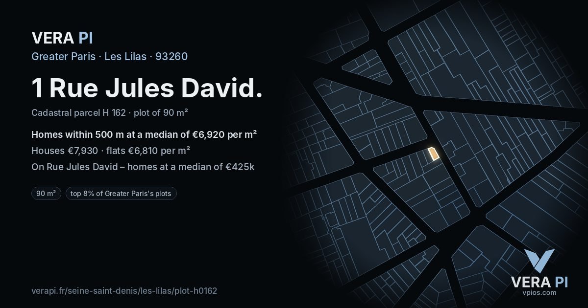 1 Rue Jules David, Les Lilas at night – the plot lit, the parcels around coloured by the prices near them