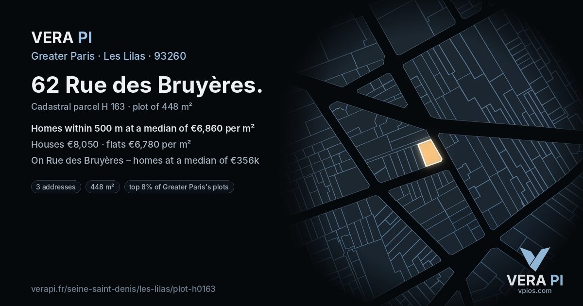 62 Rue des Bruyères, Les Lilas at night – the plot lit, the parcels around coloured by the prices near them