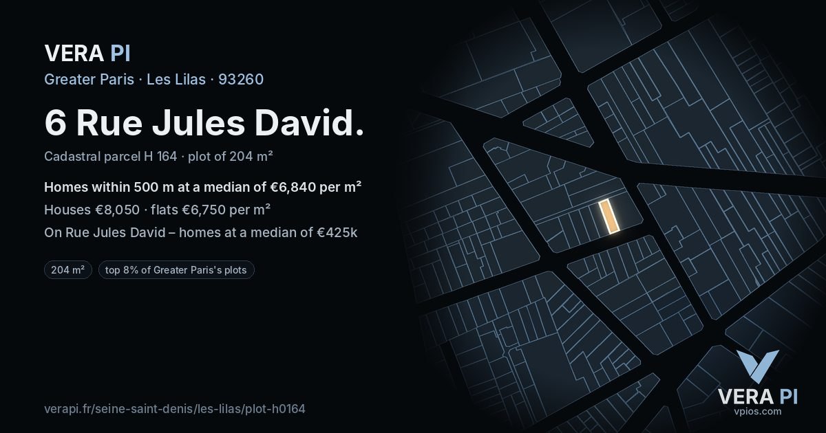 6 Rue Jules David, Les Lilas at night – the plot lit, the parcels around coloured by the prices near them