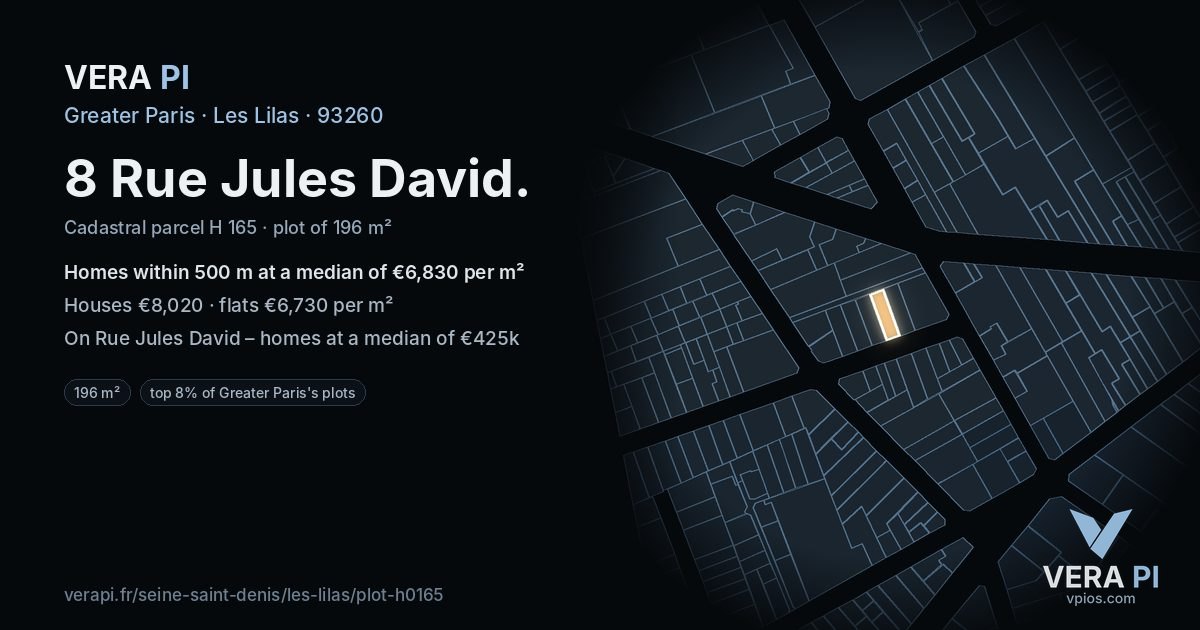 8 Rue Jules David, Les Lilas at night – the plot lit, the parcels around coloured by the prices near them