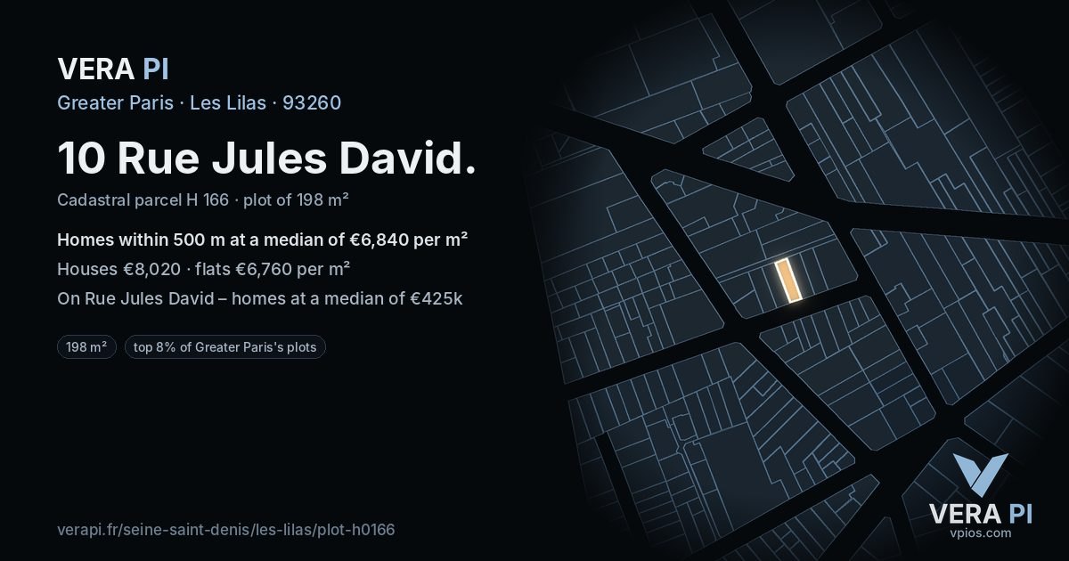 10 Rue Jules David, Les Lilas at night – the plot lit, the parcels around coloured by the prices near them