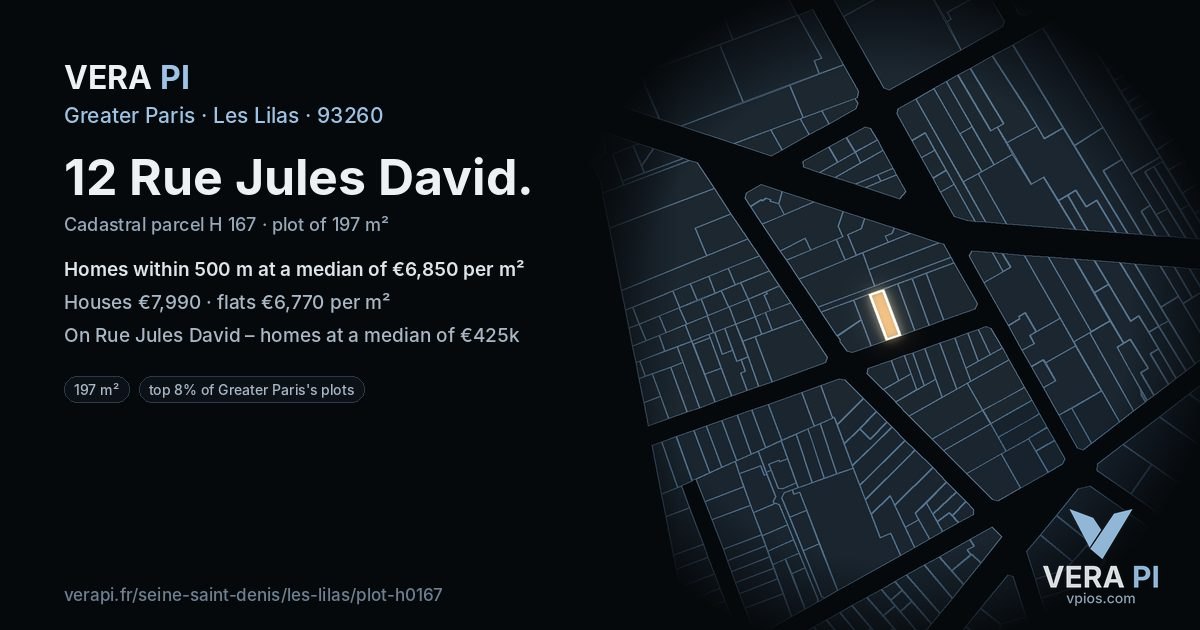 12 Rue Jules David, Les Lilas at night – the plot lit, the parcels around coloured by the prices near them