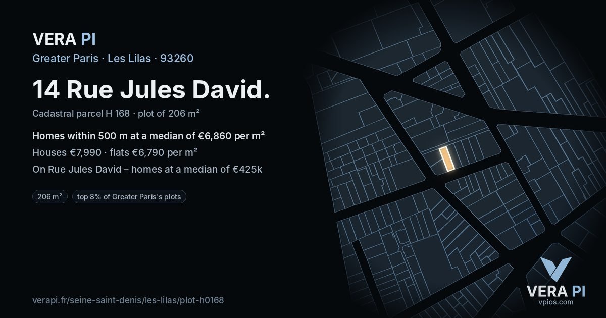 14 Rue Jules David, Les Lilas at night – the plot lit, the parcels around coloured by the prices near them