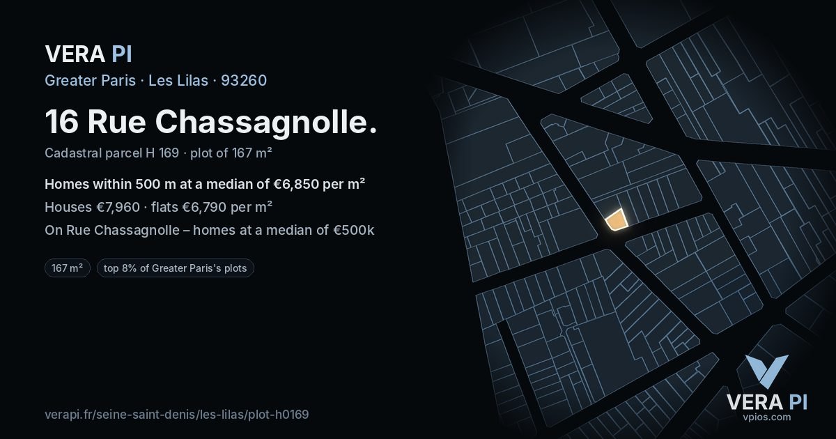 16 Rue Chassagnolle, Les Lilas at night – the plot lit, the parcels around coloured by the prices near them