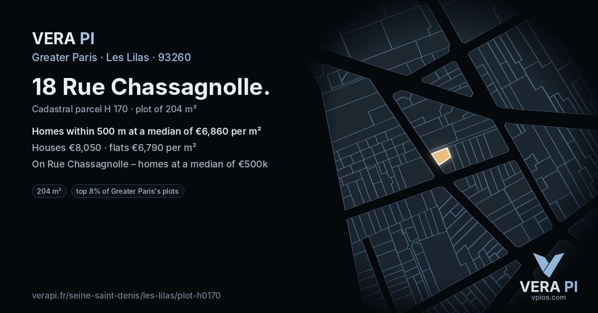 18 Rue Chassagnolle, Les Lilas at night – the plot lit, the parcels around coloured by the prices near them