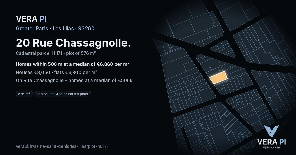 20 Rue Chassagnolle, Les Lilas at night – the plot lit, the parcels around coloured by the prices near them