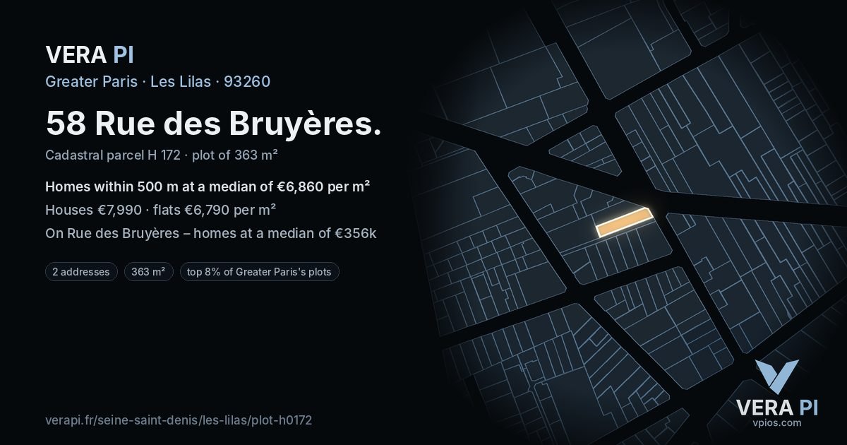 58 Rue des Bruyères, Les Lilas at night – the plot lit, the parcels around coloured by the prices near them