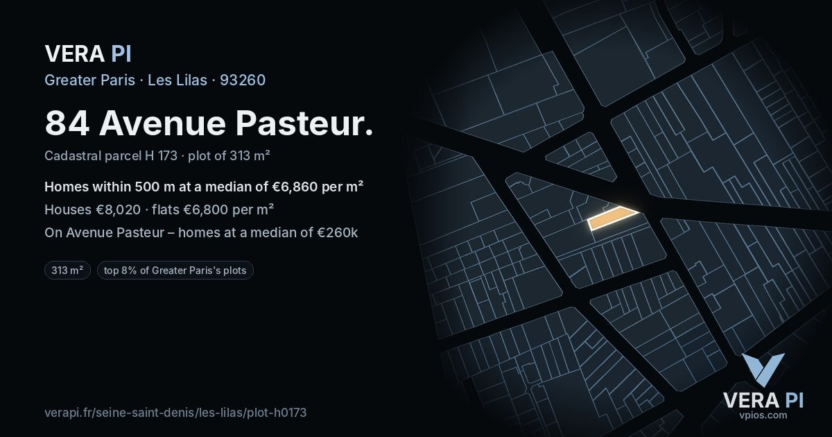 84 Avenue Pasteur, Les Lilas at night – the plot lit, the parcels around coloured by the prices near them