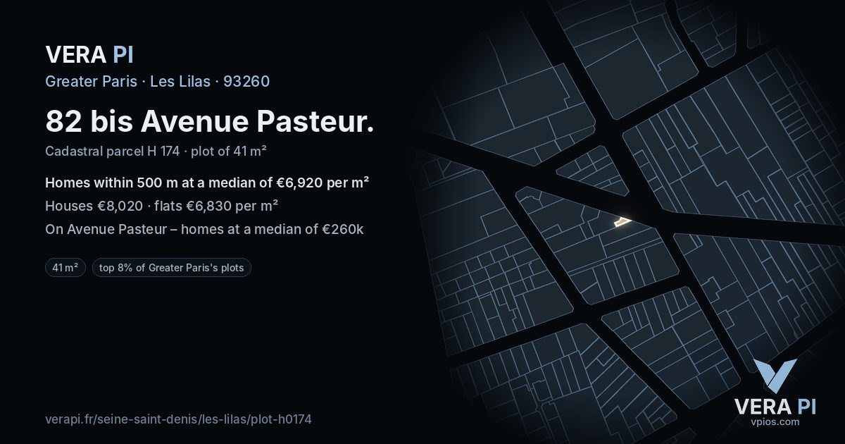 82 bis Avenue Pasteur, Les Lilas at night – the plot lit, the parcels around coloured by the prices near them