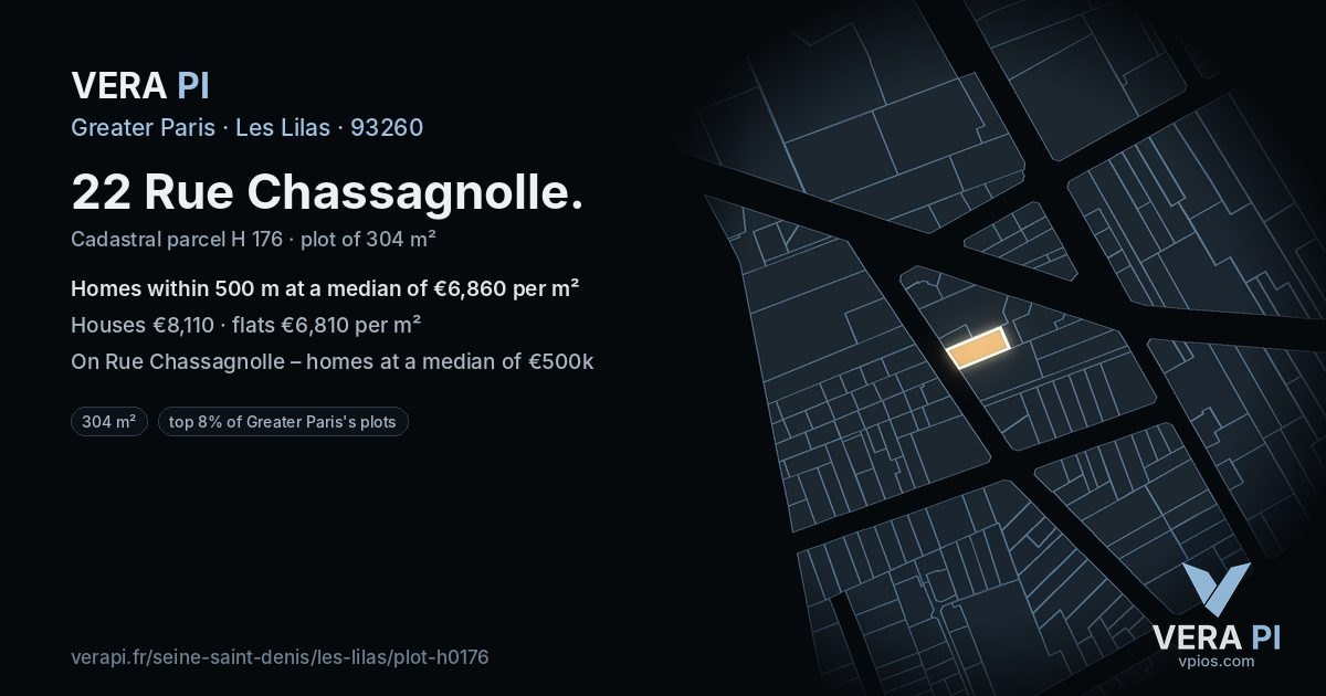 22 Rue Chassagnolle, Les Lilas at night – the plot lit, the parcels around coloured by the prices near them