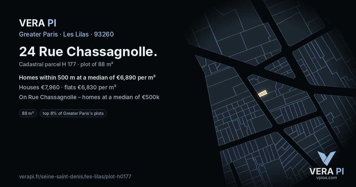 24 Rue Chassagnolle, Les Lilas at night – the plot lit, the parcels around coloured by the prices near them