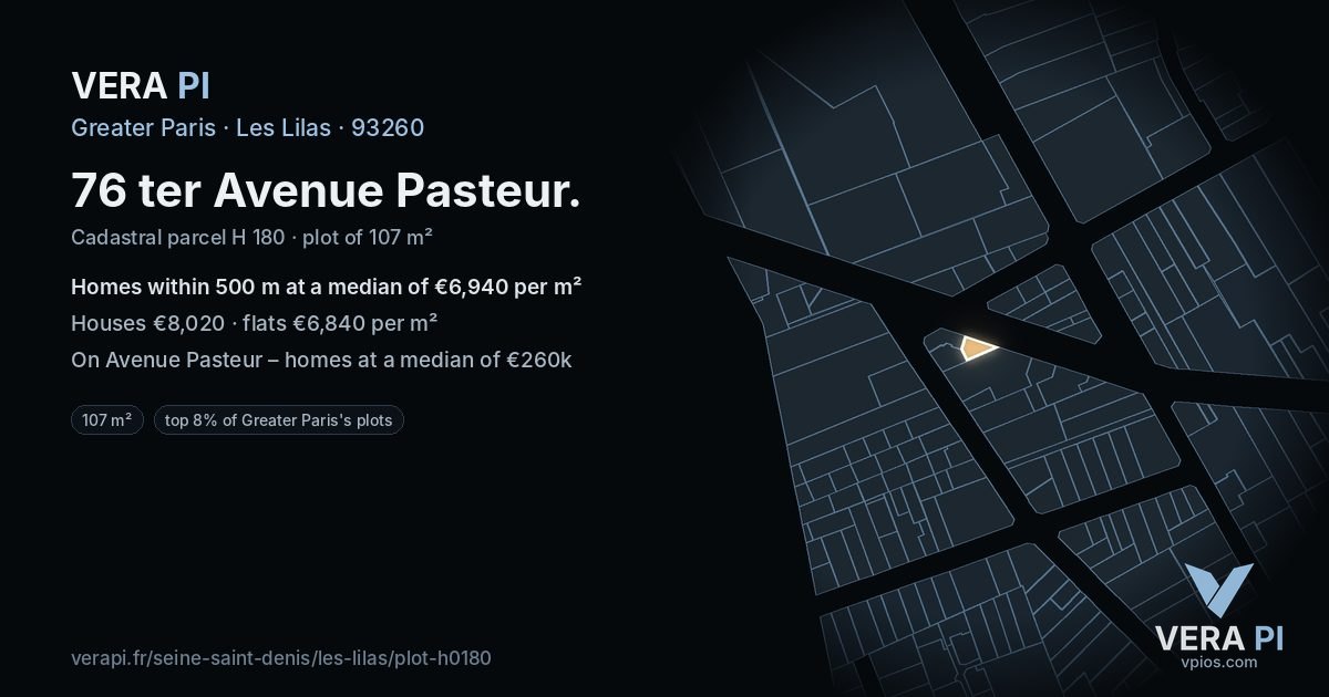 76 ter Avenue Pasteur, Les Lilas at night – the plot lit, the parcels around coloured by the prices near them
