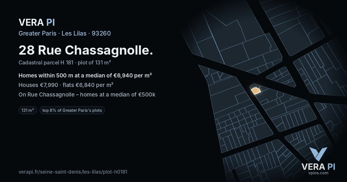 28 Rue Chassagnolle, Les Lilas at night – the plot lit, the parcels around coloured by the prices near them