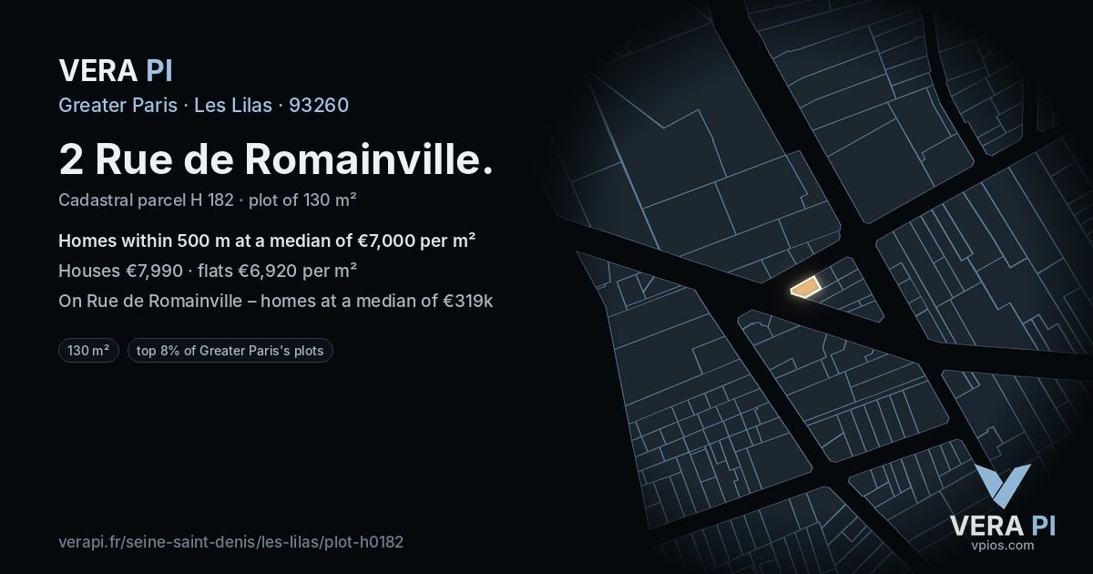 2 Rue de Romainville, Les Lilas at night – the plot lit, the parcels around coloured by the prices near them