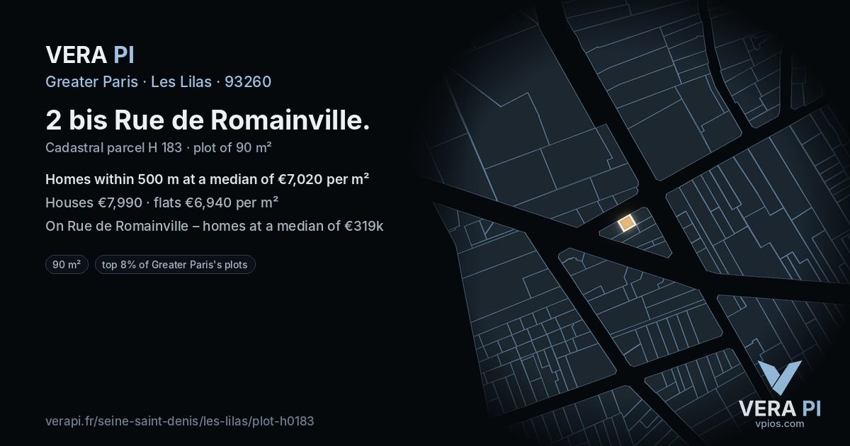 2 bis Rue de Romainville, Les Lilas at night – the plot lit, the parcels around coloured by the prices near them