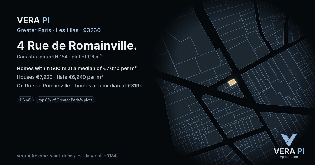 4 Rue de Romainville, Les Lilas at night – the plot lit, the parcels around coloured by the prices near them