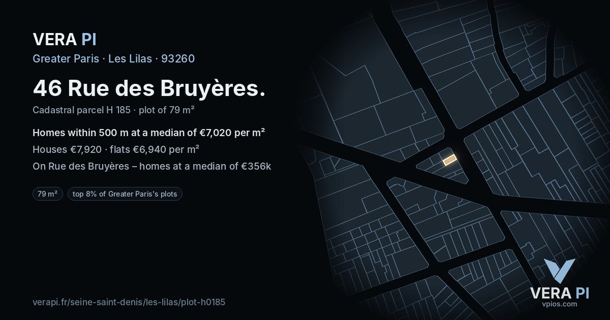 46 Rue des Bruyères, Les Lilas at night – the plot lit, the parcels around coloured by the prices near them
