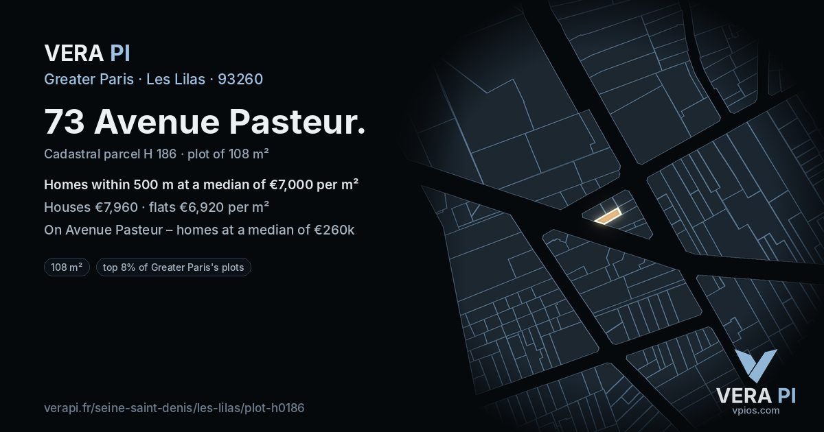 73 Avenue Pasteur, Les Lilas at night – the plot lit, the parcels around coloured by the prices near them