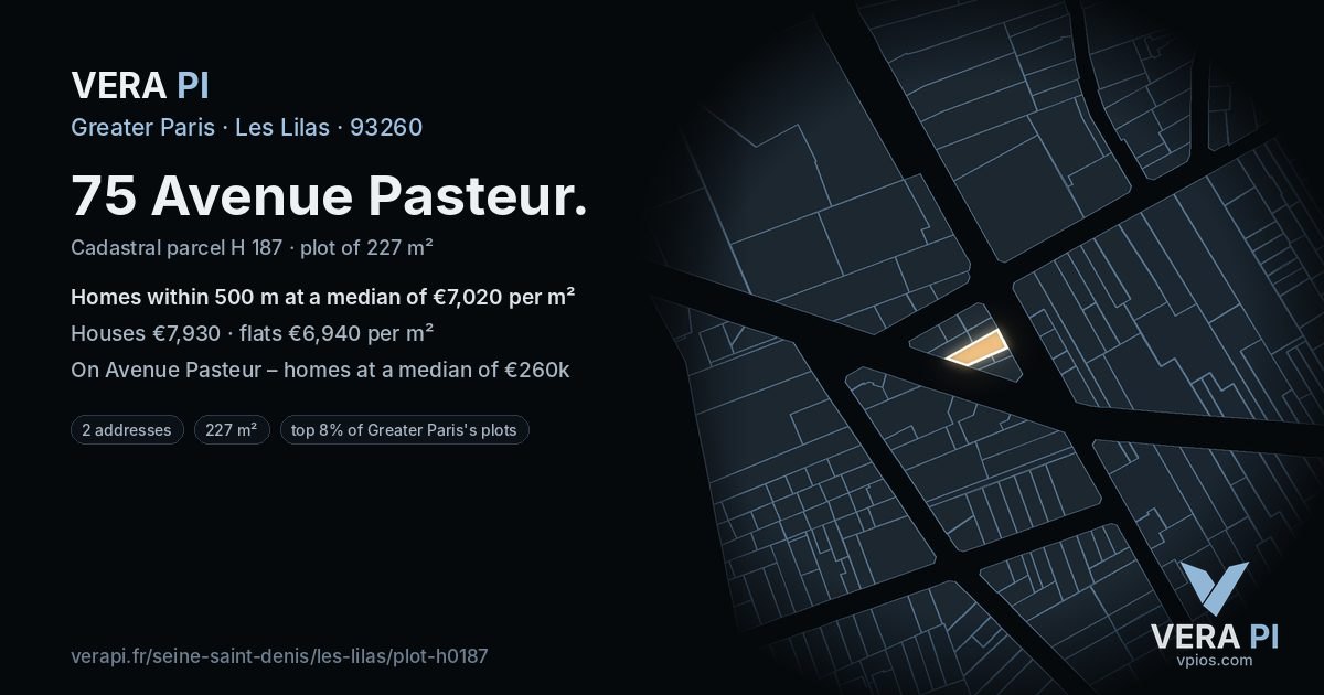 75 Avenue Pasteur, Les Lilas at night – the plot lit, the parcels around coloured by the prices near them