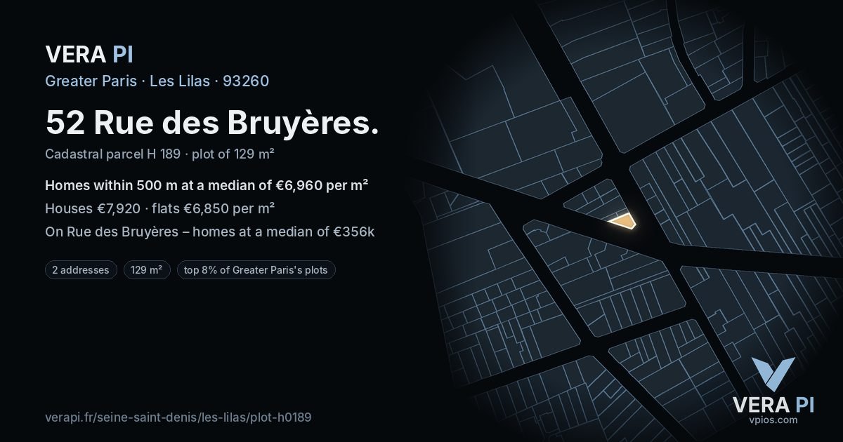 52 Rue des Bruyères, Les Lilas at night – the plot lit, the parcels around coloured by the prices near them