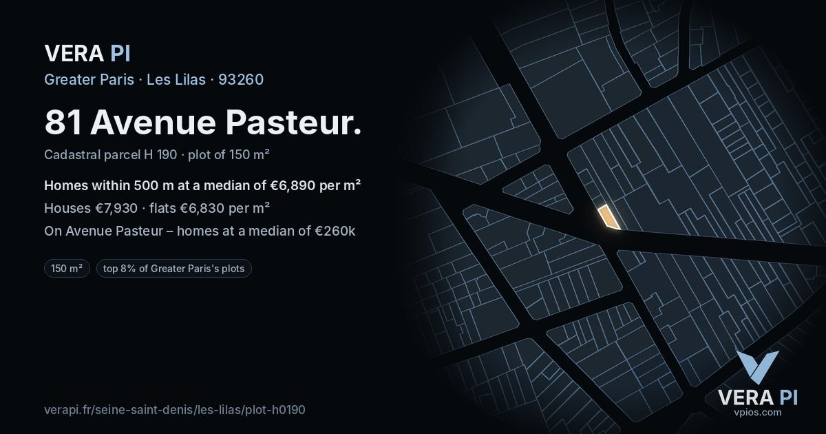 81 Avenue Pasteur, Les Lilas at night – the plot lit, the parcels around coloured by the prices near them
