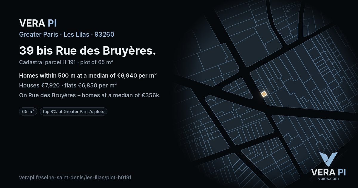 39 bis Rue des Bruyères, Les Lilas at night – the plot lit, the parcels around coloured by the prices near them