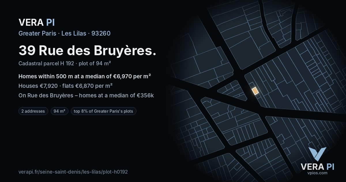 39 Rue des Bruyères, Les Lilas at night – the plot lit, the parcels around coloured by the prices near them