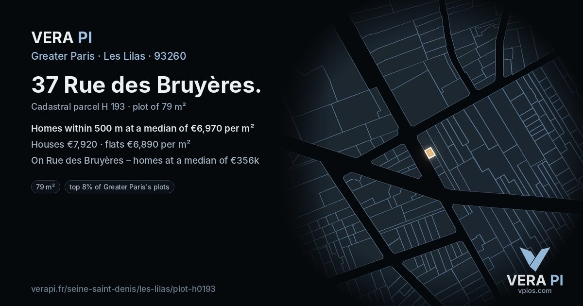 37 Rue des Bruyères, Les Lilas at night – the plot lit, the parcels around coloured by the prices near them