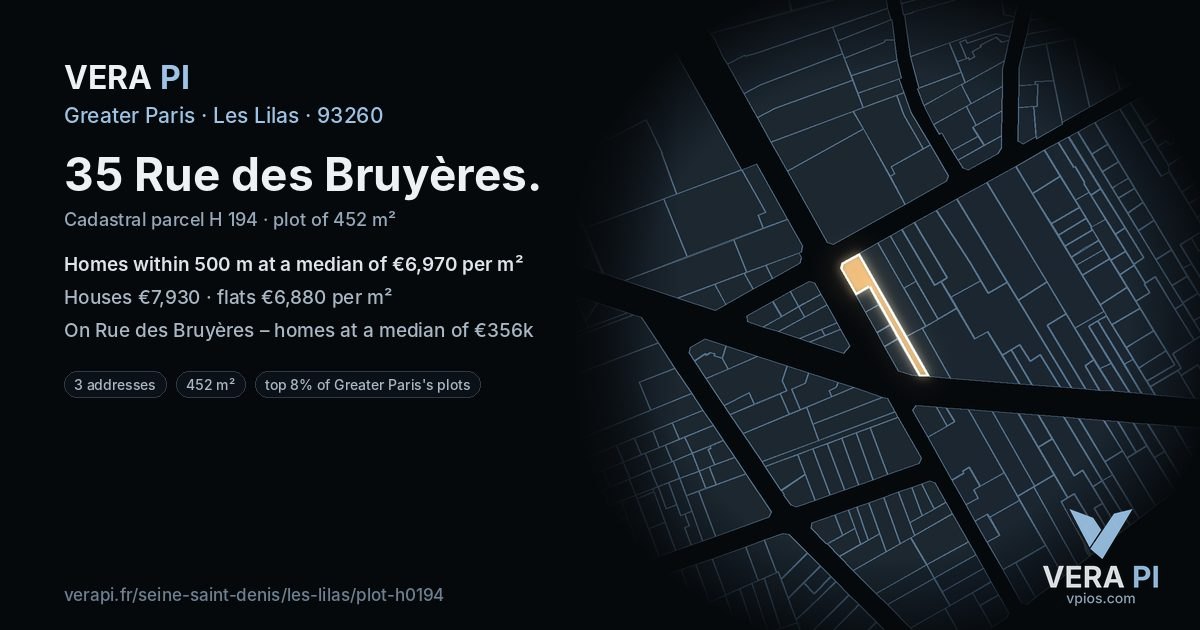 35 Rue des Bruyères, Les Lilas at night – the plot lit, the parcels around coloured by the prices near them
