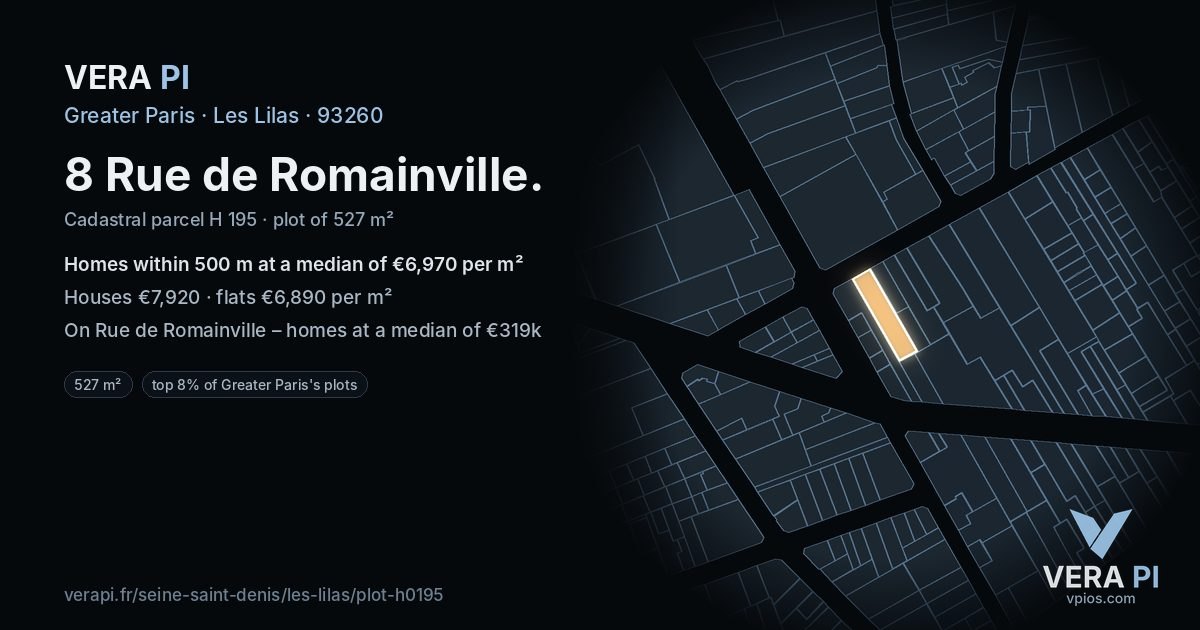 8 Rue de Romainville, Les Lilas at night – the plot lit, the parcels around coloured by the prices near them