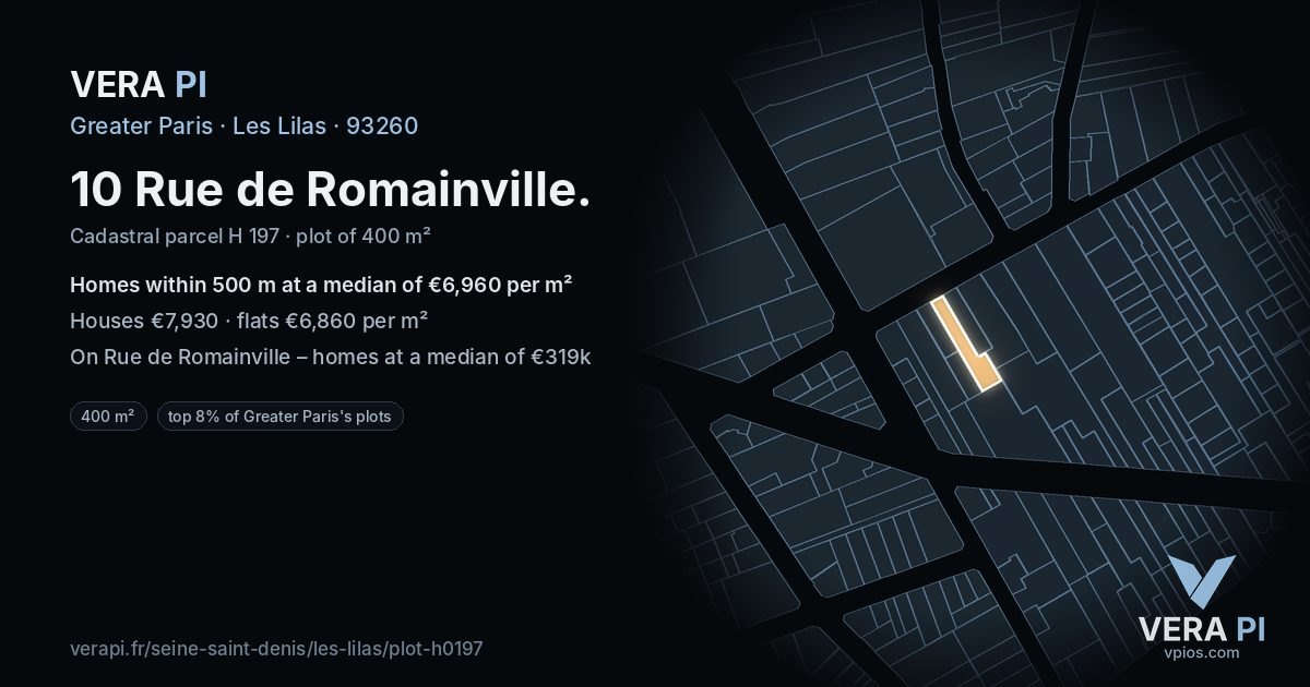 10 Rue de Romainville, Les Lilas at night – the plot lit, the parcels around coloured by the prices near them