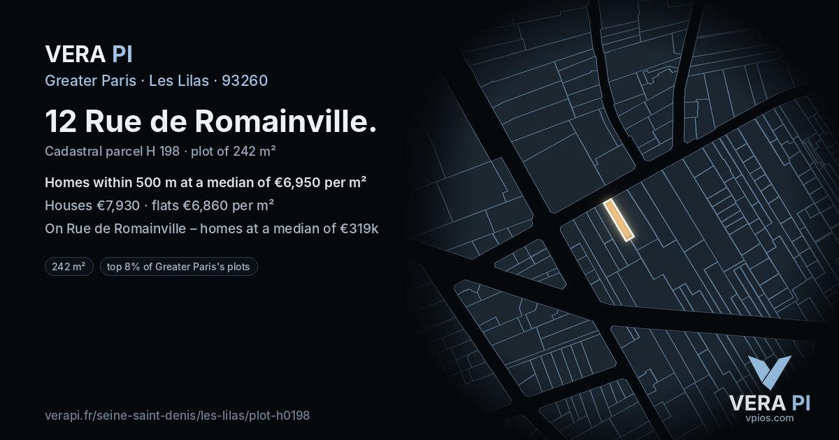12 Rue de Romainville, Les Lilas at night – the plot lit, the parcels around coloured by the prices near them