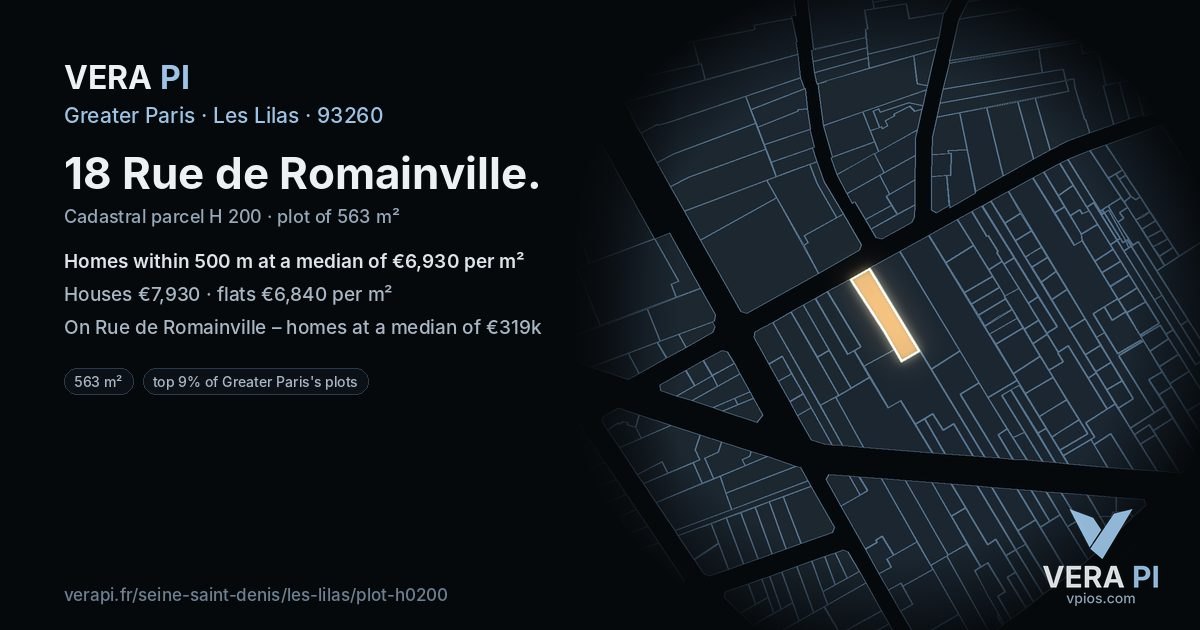 18 Rue de Romainville, Les Lilas at night – the plot lit, the parcels around coloured by the prices near them