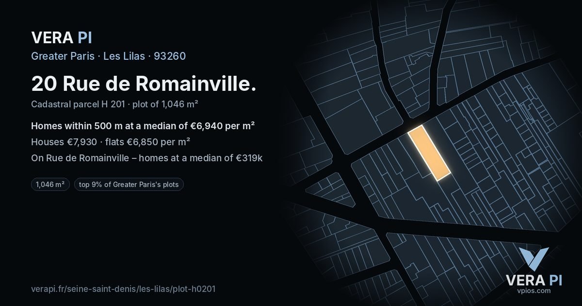 20 Rue de Romainville, Les Lilas at night – the plot lit, the parcels around coloured by the prices near them