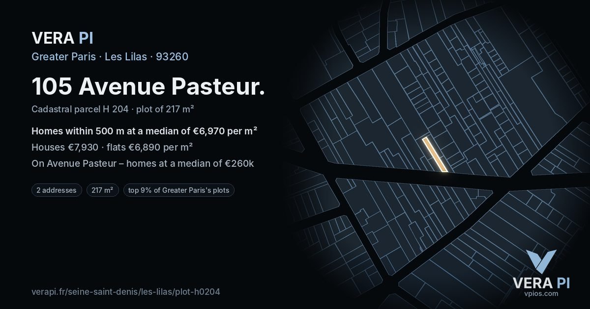 105 Avenue Pasteur, Les Lilas at night – the plot lit, the parcels around coloured by the prices near them