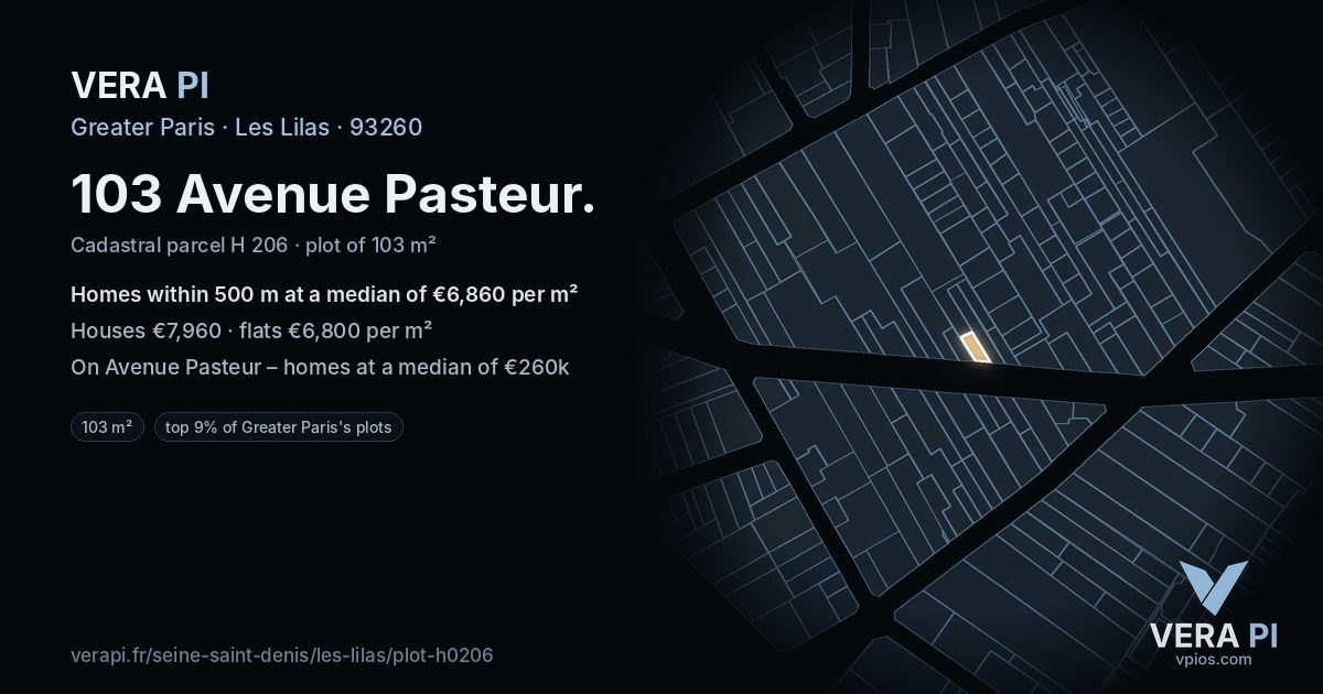 103 Avenue Pasteur, Les Lilas at night – the plot lit, the parcels around coloured by the prices near them