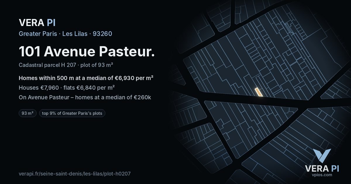 101 Avenue Pasteur, Les Lilas at night – the plot lit, the parcels around coloured by the prices near them