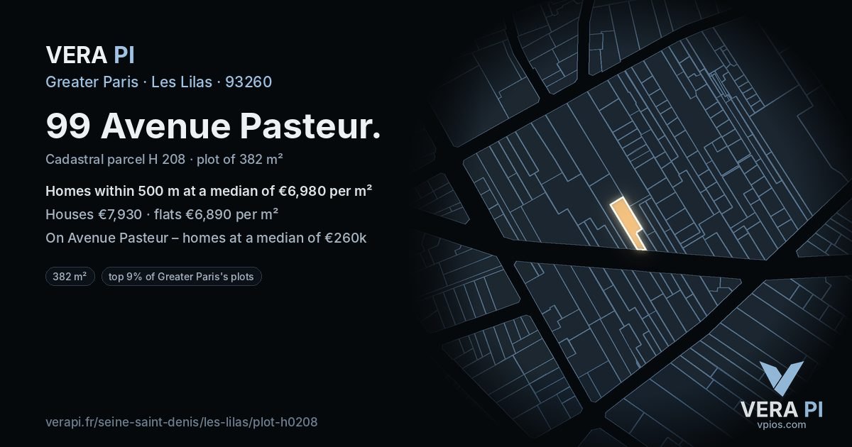 99 Avenue Pasteur, Les Lilas at night – the plot lit, the parcels around coloured by the prices near them