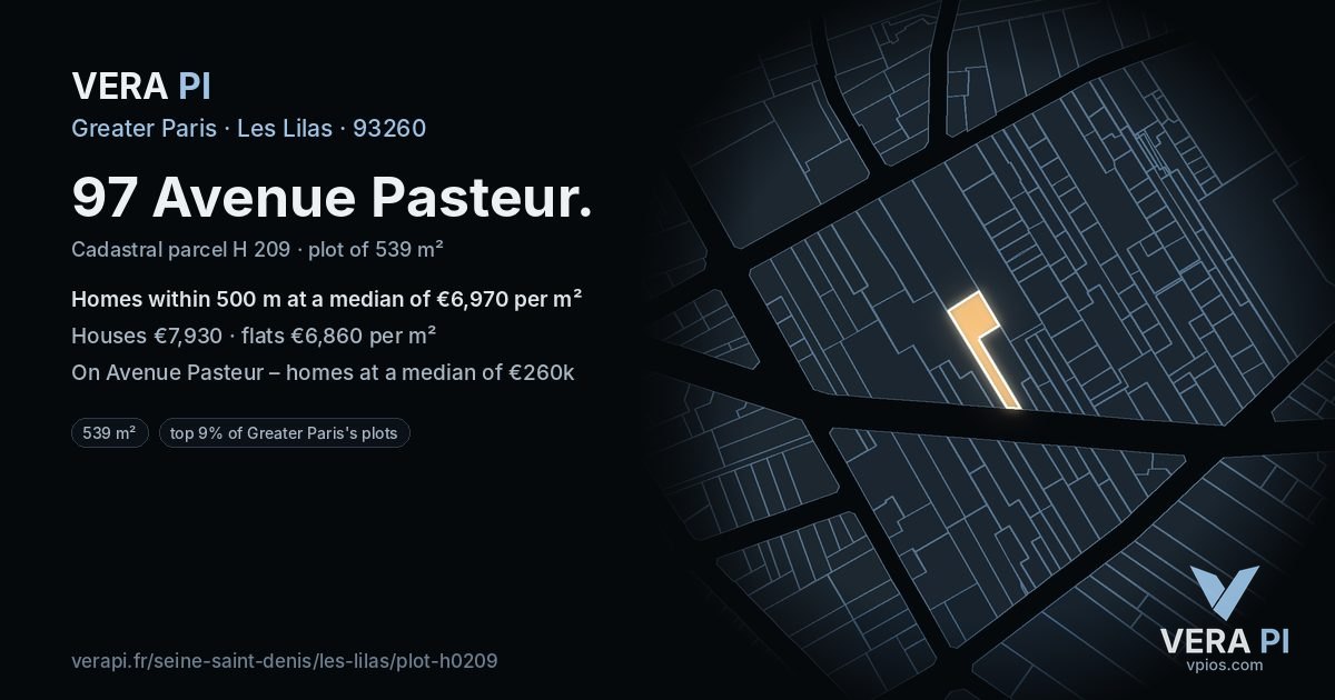 97 Avenue Pasteur, Les Lilas at night – the plot lit, the parcels around coloured by the prices near them