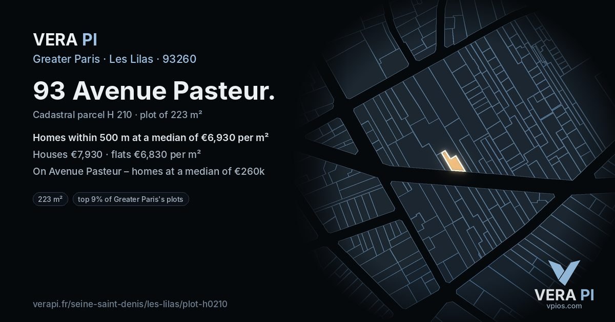 93 Avenue Pasteur, Les Lilas at night – the plot lit, the parcels around coloured by the prices near them