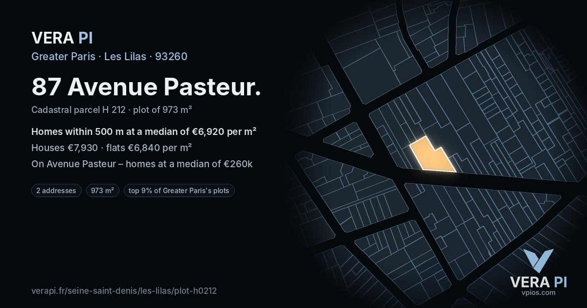 87 Avenue Pasteur, Les Lilas at night – the plot lit, the parcels around coloured by the prices near them