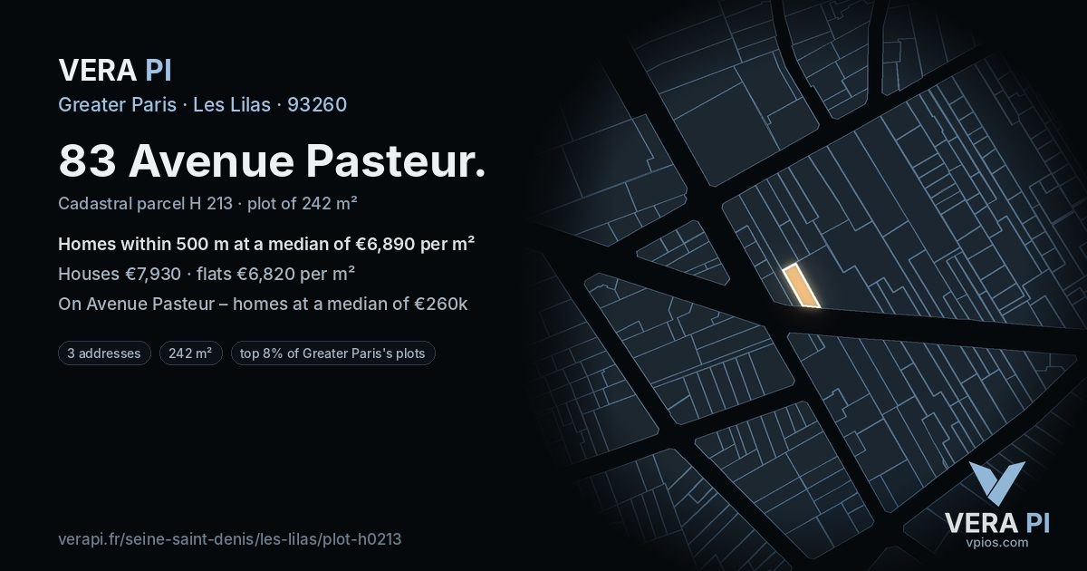 83 Avenue Pasteur, Les Lilas at night – the plot lit, the parcels around coloured by the prices near them