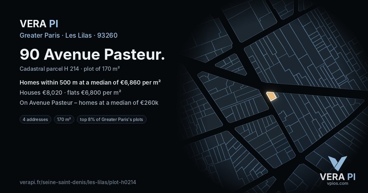 90 Avenue Pasteur, Les Lilas at night – the plot lit, the parcels around coloured by the prices near them