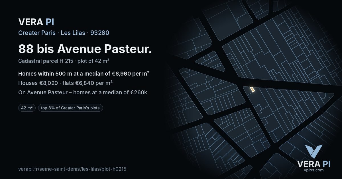 88 bis Avenue Pasteur, Les Lilas at night – the plot lit, the parcels around coloured by the prices near them