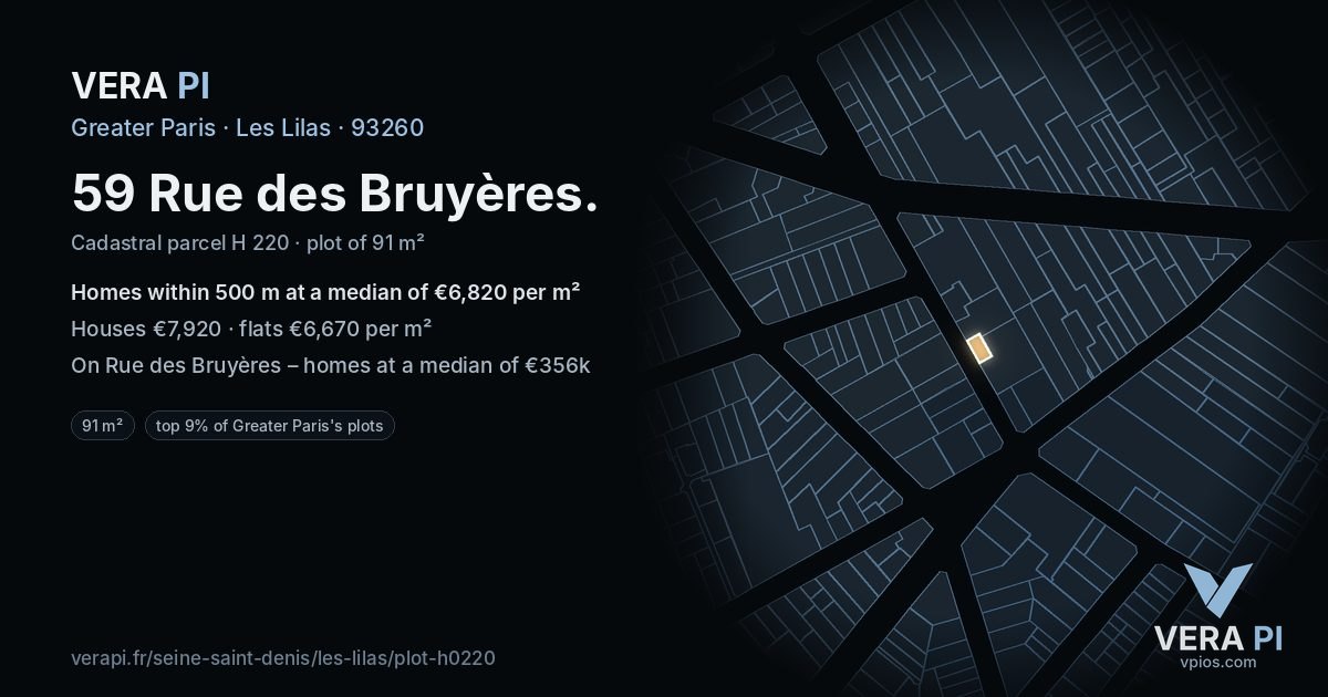 59 Rue des Bruyères, Les Lilas at night – the plot lit, the parcels around coloured by the prices near them