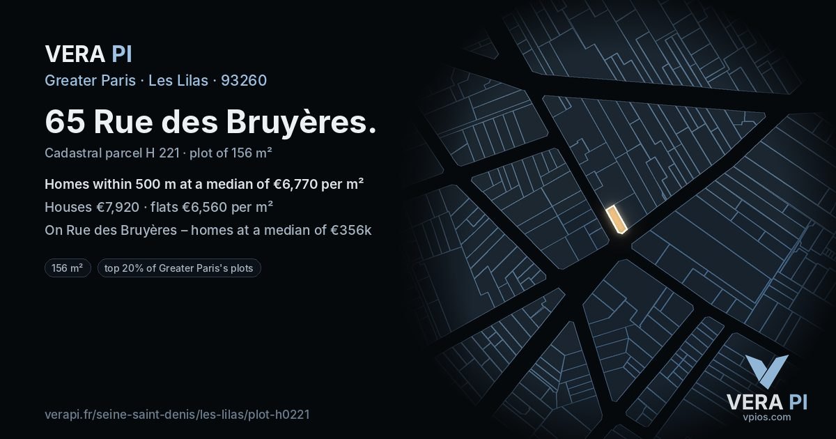 65 Rue des Bruyères, Les Lilas at night – the plot lit, the parcels around coloured by the prices near them