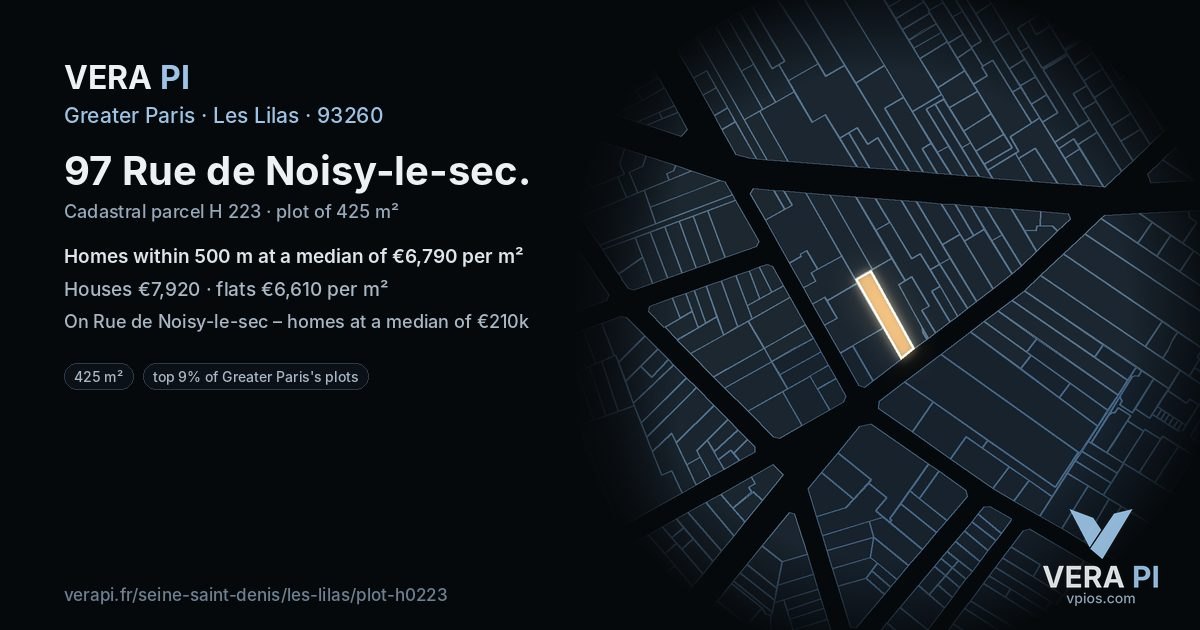 97 Rue de Noisy-le-sec, Les Lilas at night – the plot lit, the parcels around coloured by the prices near them