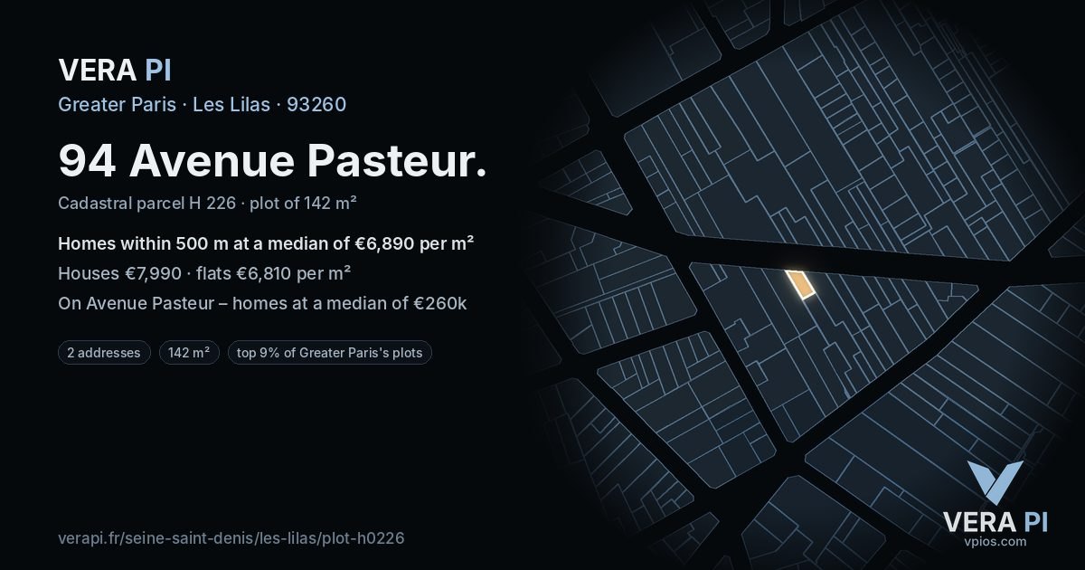 94 Avenue Pasteur, Les Lilas at night – the plot lit, the parcels around coloured by the prices near them