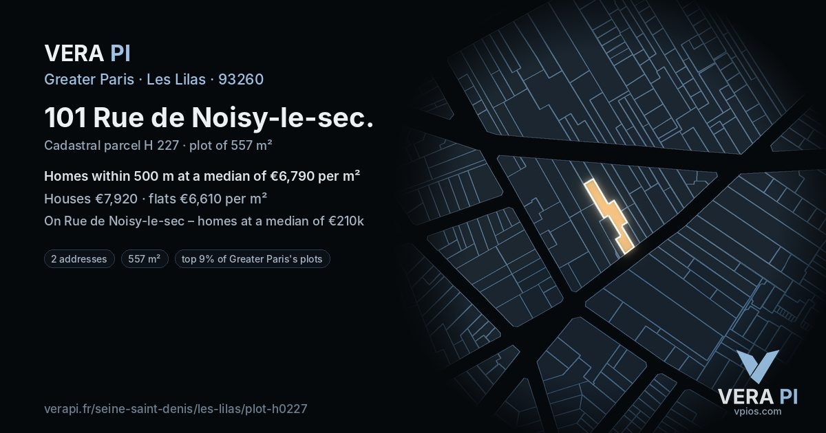 101 Rue de Noisy-le-sec, Les Lilas at night – the plot lit, the parcels around coloured by the prices near them