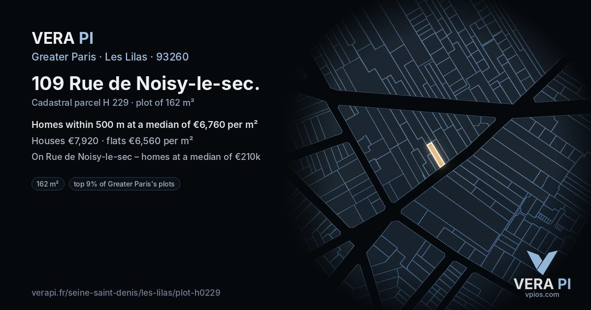 109 Rue de Noisy-le-sec, Les Lilas at night – the plot lit, the parcels around coloured by the prices near them